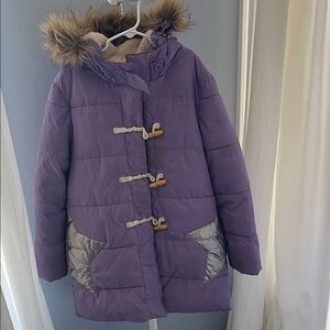 Boden Purple Kids Puffer Jacket with Faux Fur